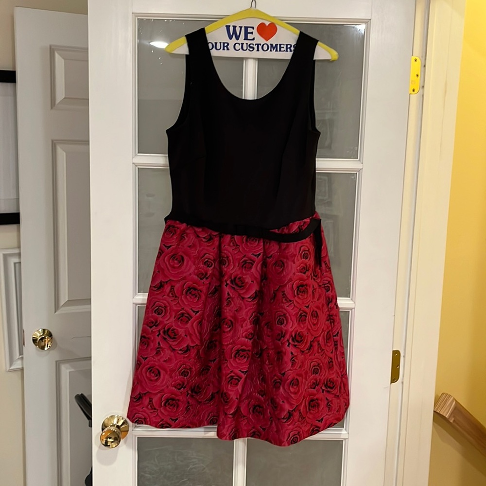 Dress with sleeveless black top and red and black skirt. Size 10. Taylor. A line